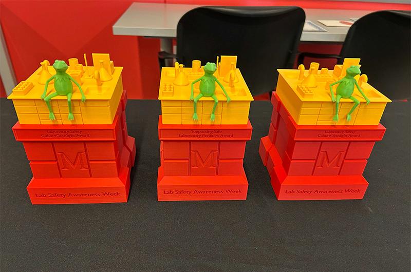 Lab Safety Awareness Week Award. Kermit the frog statue sitting on a lab desk